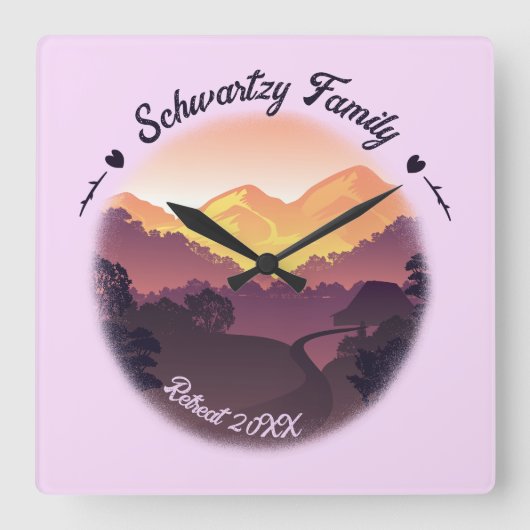 Paarse Gele Boerderij Mountain Sunset Vierkante Klok (Voorkant)