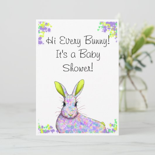 Paarse & Gele Bunny Baby shower Uitnodiging (Staand voorkant)