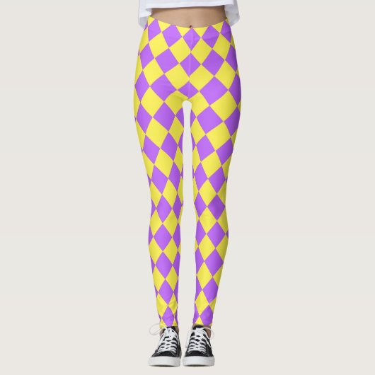 Paarse gele Checker Diamantpatroon Leggings (Voorkant)