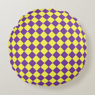 Paarse gele Checker Diamantpatroon Rond Kussen