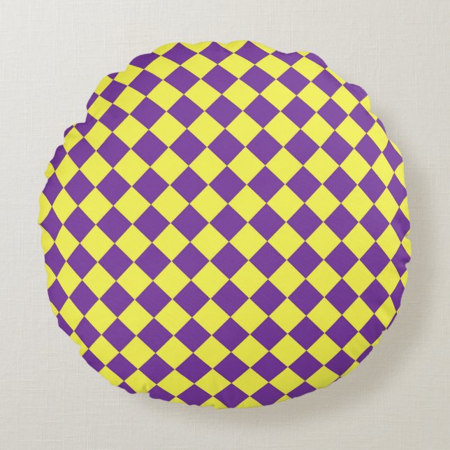 Paarse gele Checker Diamantpatroon Rond Kussen (Voorkant)