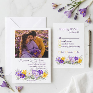 Paarse Gele Crocus Bloemige Trouw RSVP Bijlage Kaartje