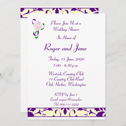 Paarse, gele, Damask Bridal Shower Invitation Kaart (Voorkant / Achterkant)