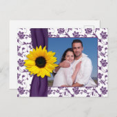 Paarse gele damast zonnebloem bewaar de datum aankondigingskaart (Voorkant / Achterkant)