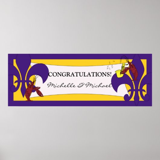 Paarse Gele Fleur de Lis Crawfish Party Banner Poster (Voorkant)