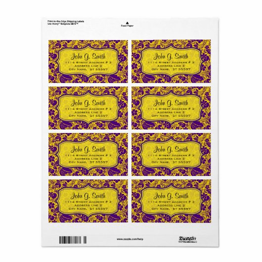 Paarse & gele flora en bladeren patroon-Sjabloon Etiket (Full Sheet)