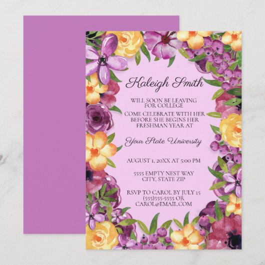 Paarse Gele Floral College Trunk Party Invite Kaart (Voorkant / Achterkant)