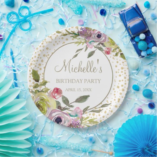 Paarse Gele Floral Glitter Birthday Party Papieren Bordje (Feest)