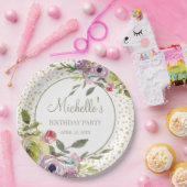 Paarse Gele Floral Glitter Birthday Party Papieren Bordje (Feest)