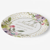 Paarse Gele Floral Glitter Birthday Party Papieren Bordje (Gekanteld)