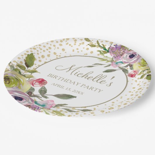 Paarse Gele Floral Glitter Birthday Party Papieren Bordje (Gekanteld)
