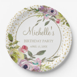 Paarse Gele Floral Glitter Birthday Party Papieren Bordje