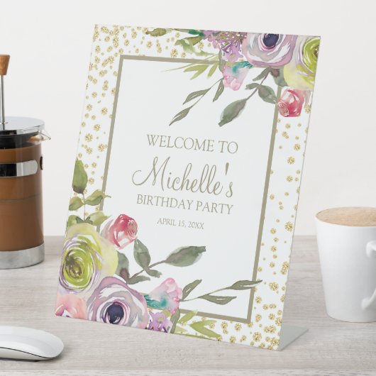 Paarse Gele Floral Gold Glitter Birthday Welkom Reclamebord Met Voetstuk (Insitu)