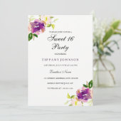 Paarse Gele Floral Sweet 16 Partij Uitnodiging (Staand voorkant)