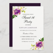 Paarse Gele Floral Sweet 16 Partij Uitnodiging (Voorkant / Achterkant)