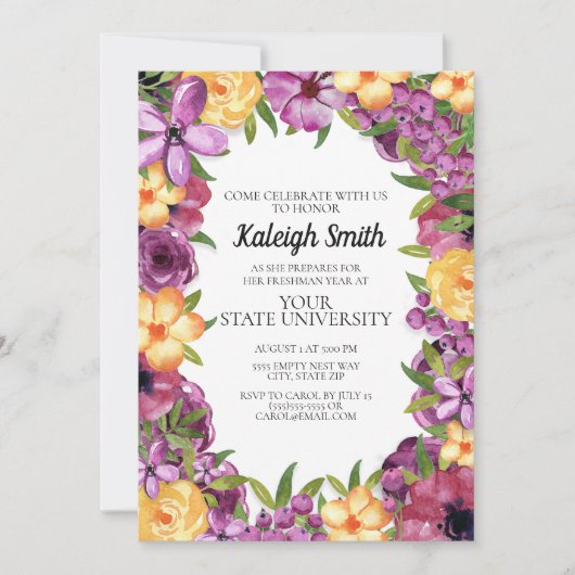 Paarse Gele Floral White College Trunk Party Kaart (Voorkant)