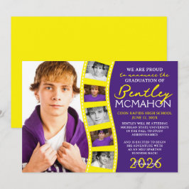 Paarse & gele foto Filmstrip Afstudeerder Aankondi Kaart
