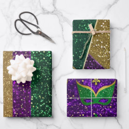 Paarse Gele Groene Mardi Gras Glitterpatronen Inpakpapier Vel