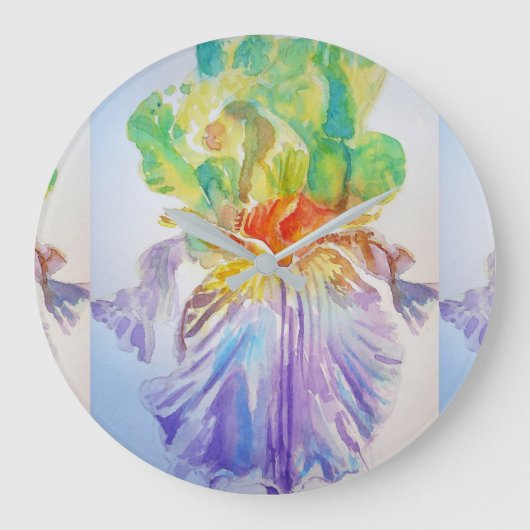 Paarse Gele Iris Flowers Floral Art Wall Clock Grote Klok (Voorkant)