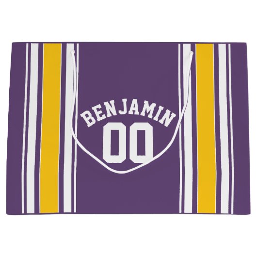 Paarse gele Jersey Stripes Aangepast naamnummer Groot Cadeauzakje (Voorkant)