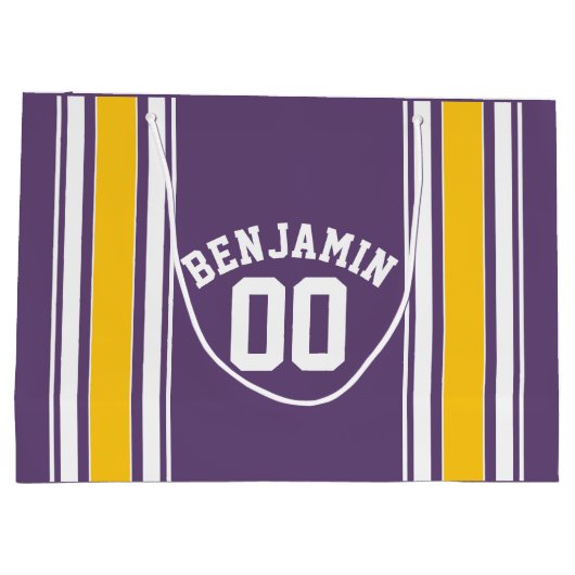 Paarse gele Jersey Stripes Aangepast naamnummer Groot Cadeauzakje (Achterkant)