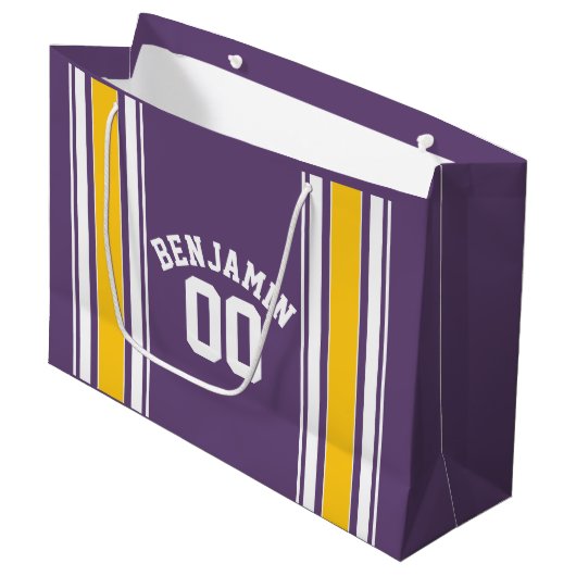 Paarse gele Jersey Stripes Aangepast naamnummer Groot Cadeauzakje (Voorkant Gekanteld)