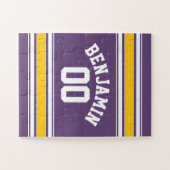 Paarse gele Jersey Stripes Aangepast naamnummer Legpuzzel (Horizontaal)