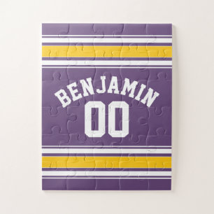 Paarse gele Jersey Stripes Aangepast naamnummer Legpuzzel