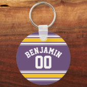Paarse gele Jersey Stripes Aangepast naamnummer Sleutelhanger (Voorkant)
