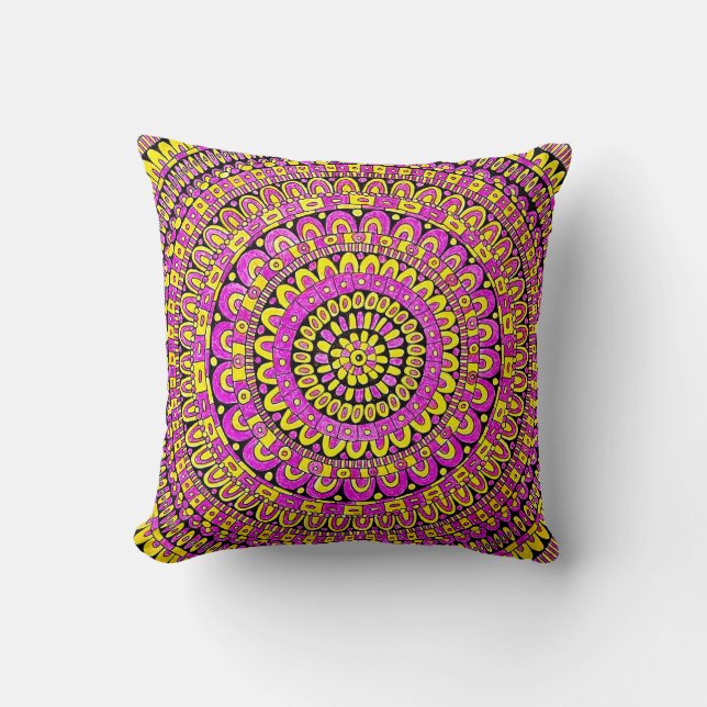 Paarse Gele Kleur Hand Getekende Mandala Kussen (Voorkant)
