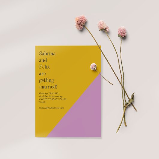 Paarse gele kleurenblok Geometrische moderne bruil Kaart