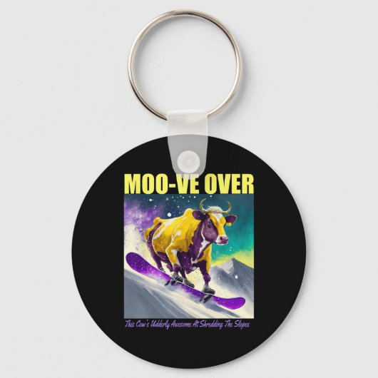 Paarse Gele Koe Snowboarding versnippert de Sleutelhanger (Voorkant)