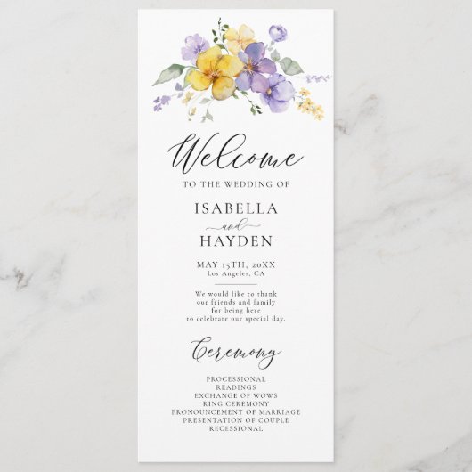 Paarse gele lavendel Lila bloemenrustieke bruiloft Programmakaart (Voorkant)