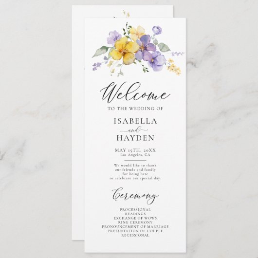 Paarse gele lavendel Lila bloemenrustieke bruiloft Programmakaart (Voorkant / Achterkant)