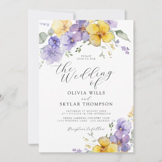 Paarse gele lavendel zomerbloemenbruiloft kaart (Voorkant)