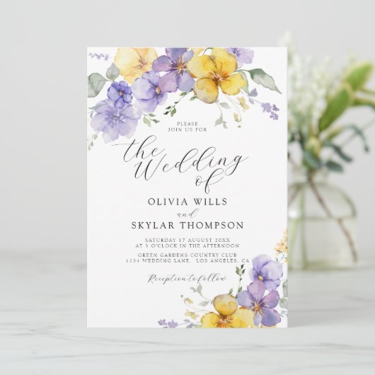 Paarse gele lavendel zomerbloemenbruiloft kaart (Staand voorkant)