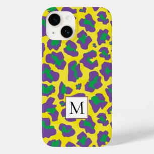 Paarse, gele luipaard dierenprint en monogram Case-Mate iPhone 14 hoesje