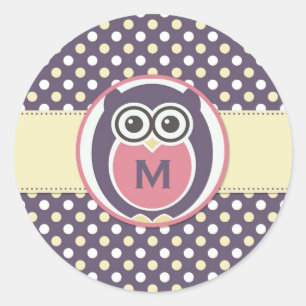 Paarse Gele Night Owl Cartoon Monogram Sticker