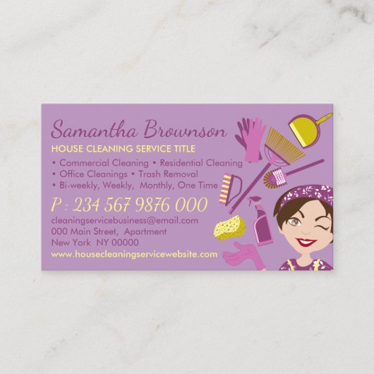 Paarse Gele Note Side Janitorial Lady Cleaning Visitekaartje (Voorkant)