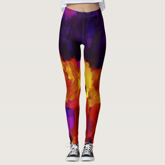 Paarse Gele Oranje Verf Splatter Leggings (Voorkant)