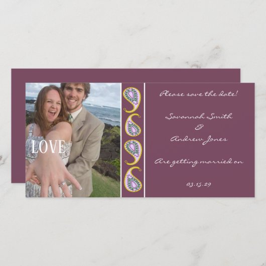 Paarse & Gele Paisley Bewaar de datum van uw foto Save The Date (Voorkant / Achterkant)