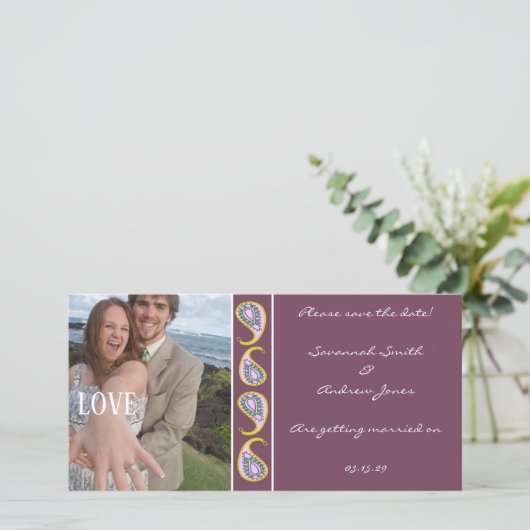Paarse & Gele Paisley Bewaar de datum van uw foto Save The Date (Staand voorkant)