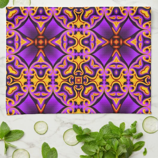 Paarse Gele Patroon Keuken Handdoek (Gevouwen)