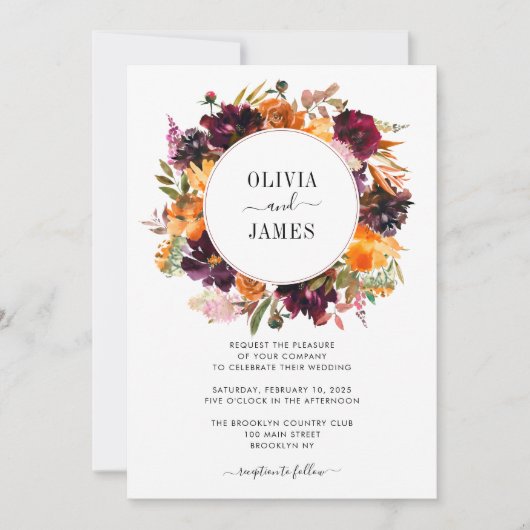 Paarse Gele Rose Bourgondië Bloemen Herfstbruiloft Kaart (Voorkant)