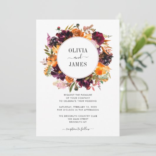 Paarse Gele Rose Bourgondië Bloemen Herfstbruiloft Kaart (Staand voorkant)