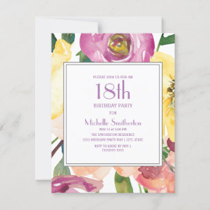 Paarse gele roze Waterverf Floral 18e verjaardag Kaart