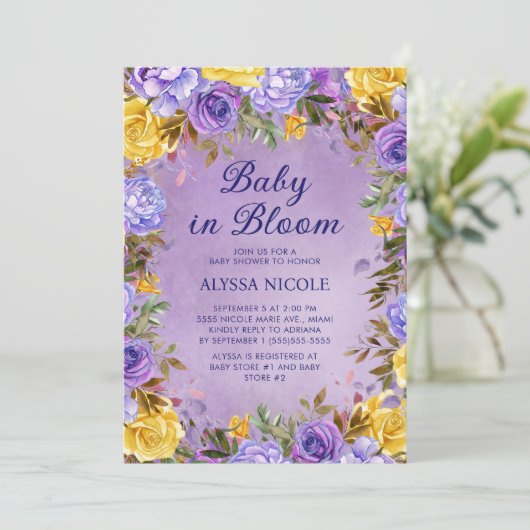 Paarse gele rozen pioenen Baby in bloei Kaart (Staand voorkant)