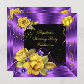 Paarse Gele Rozen Zwarte Glitter Birthday Party Kaart (Voorkant / Achterkant)