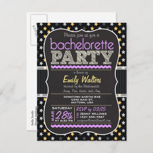 Paarse, gele sterren vrijgezellenfeest uitnodiging (Voorkant / Achterkant)