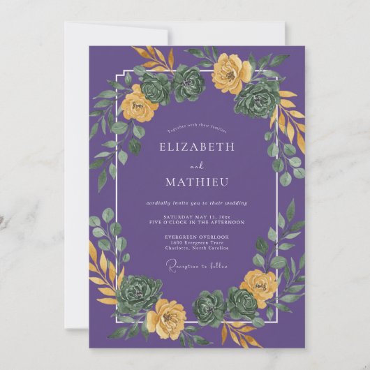 Paarse Gele Succulente Eucalyptus Bruiloft Kaart (Voorkant)